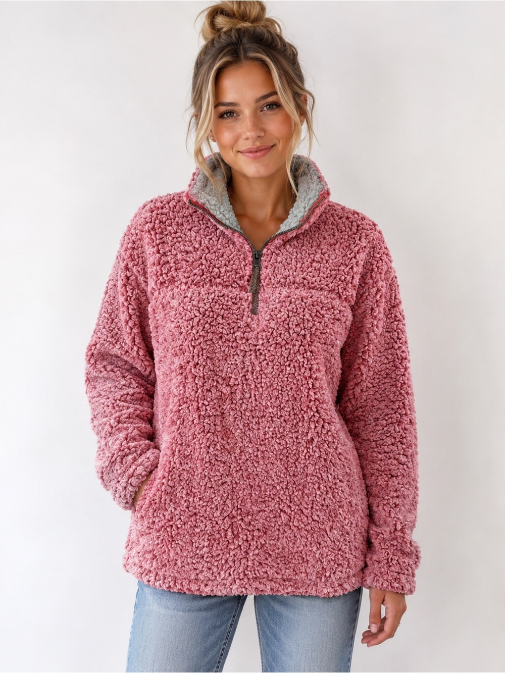 True Grit Cozy Plush Pink Red Sherpa Pullover Jacket teddy fleece outdoor cozy